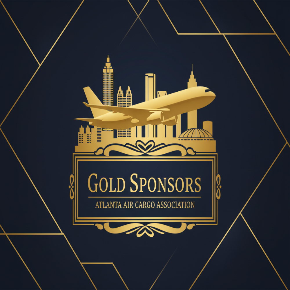 A gold 3D-rendered graphic of an airplane flying over a city skyline, with a decorative frame below reading 'GOLD SPONSORS' and 'ATLANTA AIR CARGO ASSOCIATION,' set on a dark navy background with thin gold geometric lines.
