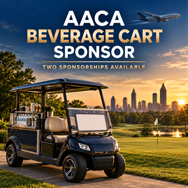 AACA Golf Outing Beverage Cart Sponsorship featuring a beverage cart, Atlanta skyline, golf course, and cargo aircraft at sunset.