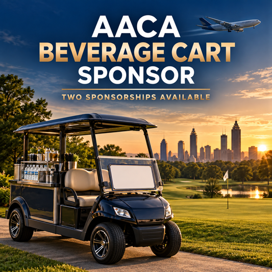 AACA Golf Outing Beverage Cart Sponsorship featuring a beverage cart, Atlanta skyline, golf course, and cargo aircraft at sunset.