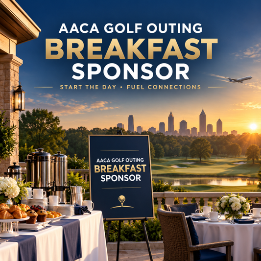 AACA Golf Outing Breakfast Sponsorship featuring a catered breakfast, golf course, Atlanta skyline, and cargo aircraft at sunrise.