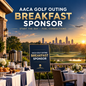 AACA Golf Outing Breakfast Sponsorship featuring a catered breakfast, golf course, Atlanta skyline, and cargo aircraft at sunrise.