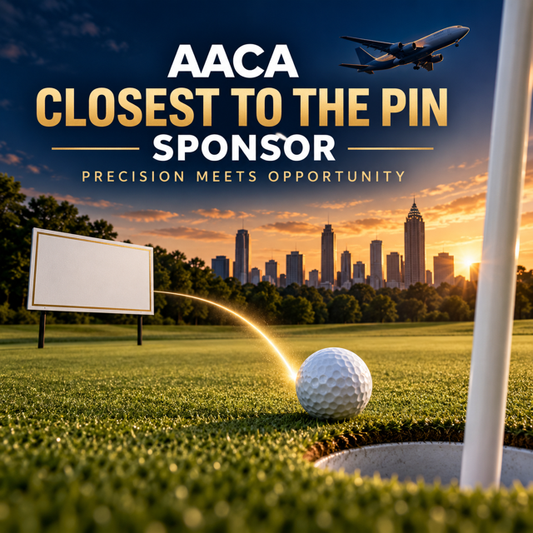 AACA Golf Outing Closest to the Pin Sponsorship featuring a golf ball beside the hole, sponsor sign, Atlanta skyline, and cargo aircraft at sunset.