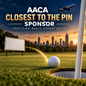 AACA Golf Outing Closest to the Pin Sponsorship featuring a golf ball beside the hole, sponsor sign, Atlanta skyline, and cargo aircraft at sunset.