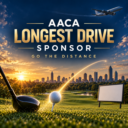 AACA Golf Outing Longest Drive Sponsorship featuring a golf ball launching from a tee, sponsor sign, Atlanta skyline, and cargo aircraft at sunset.