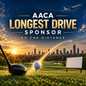 AACA Golf Outing Longest Drive Sponsorship featuring a golf ball launching from a tee, sponsor sign, Atlanta skyline, and cargo aircraft at sunset.