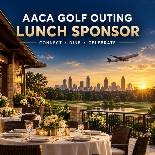 AACA Golf Outing Lunch Sponsorship featuring catered tables overlooking a golf course, the Atlanta Skyline, and a cargo aircraft at sunset.