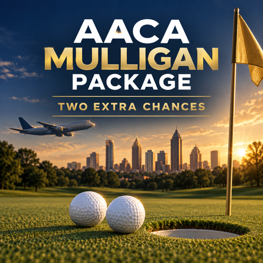 AACA Golf Outing Mulligan Package featuring two golf balls beside the hole, a gold flag, the Atlanta skyline, and a cargo aircraft at sunset.