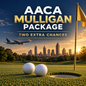 AACA Golf Outing Mulligan Package featuring two golf balls beside the hole, a gold flag, the Atlanta skyline, and a cargo aircraft at sunset.