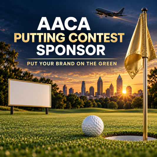 AACA Golf Outing Putting Contest Sponsorship featuring a golf ball near the hole, sponsor sign, Atlanta skyline, and cargo aircraft at sunset.