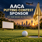 AACA Golf Outing Putting Contest Sponsorship featuring a golf ball near the hole, sponsor sign, Atlanta skyline, and cargo aircraft at sunset.