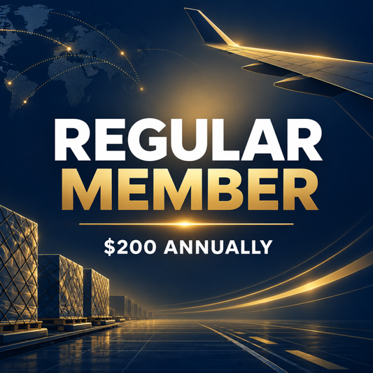 AACA Regular Membership for air cargo companies, featuring an airplane wing, airport terminal buildings, and glowing flight paths.