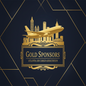 A gold 3D-rendered graphic of an airplane flying over a city skyline, with a decorative frame below reading 'GOLD SPONSORS' and 'ATLANTA AIR CARGO ASSOCIATION,' set on a dark navy background with thin gold geometric lines.
