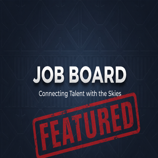 A promotional graphic with the words 'JOB BOARD' in large white letters, the subtitle 'Connecting Talent with the Skies,' and a large red 'FEATURED' stamp over a dark blue patterned background.